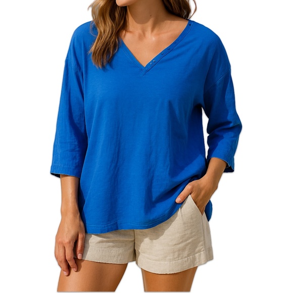 Fresh Produce Blue V Neck Coastal Cotton Top Relaxed Fit Casual Layered Hem 1X - Picture 11 of 11